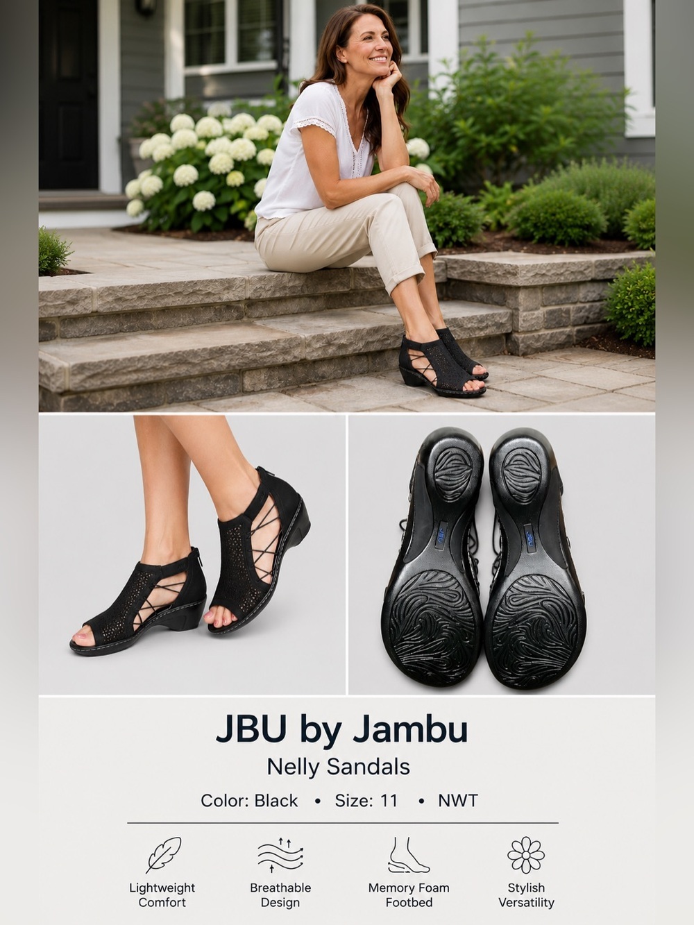 JBU By Jambu Women's Nelly Wedge Sandal Black Size 11 NWT